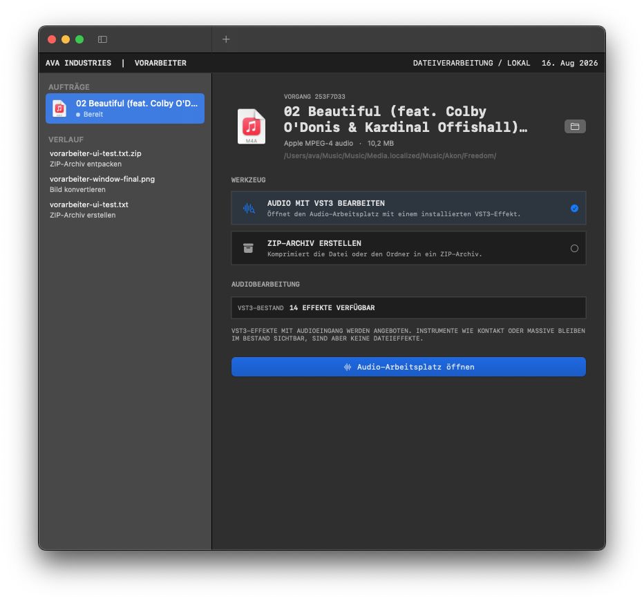 VORARBEITER with the audio workspace selected