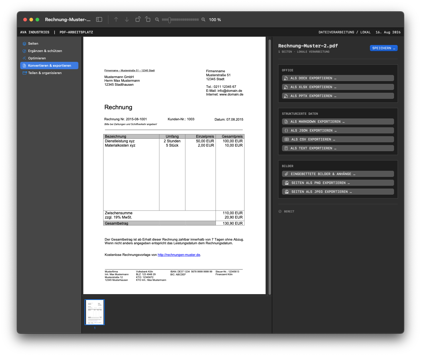 VORARBEITER PDF workspace with export options