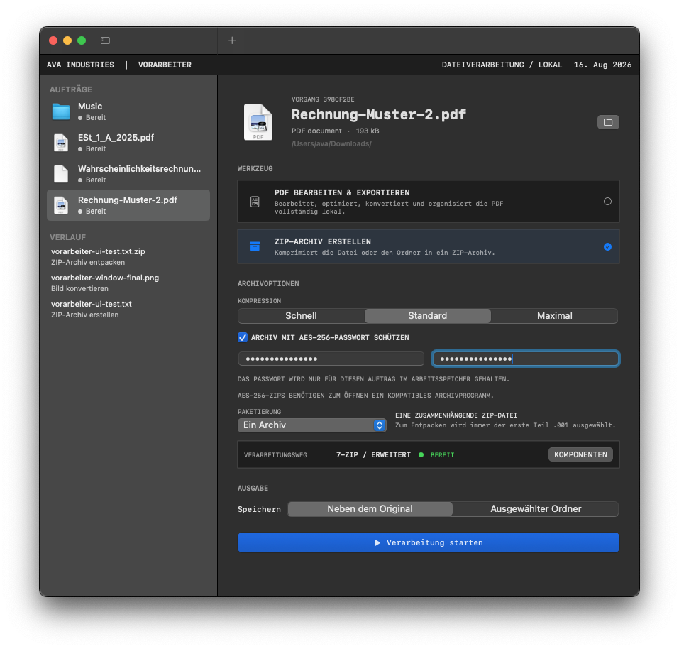 VORARBEITER creating a protected ZIP archive