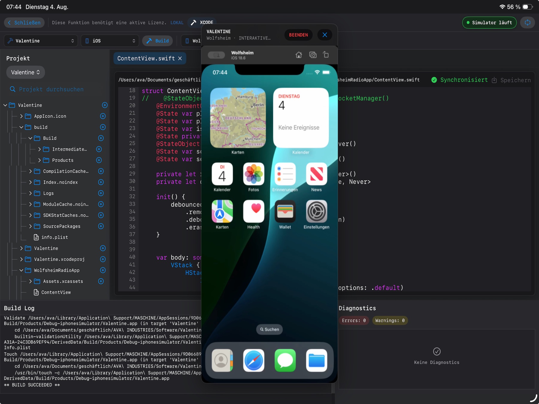 MASCHINE IDE mit Swift-Code, Build-Ausgabe und interaktiver Simulator-Vorschau